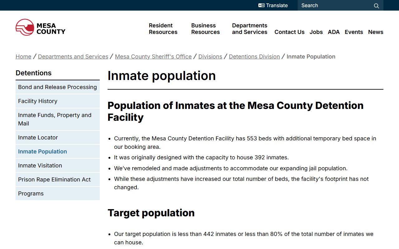 Mesa County inmate population and jail capacity page
