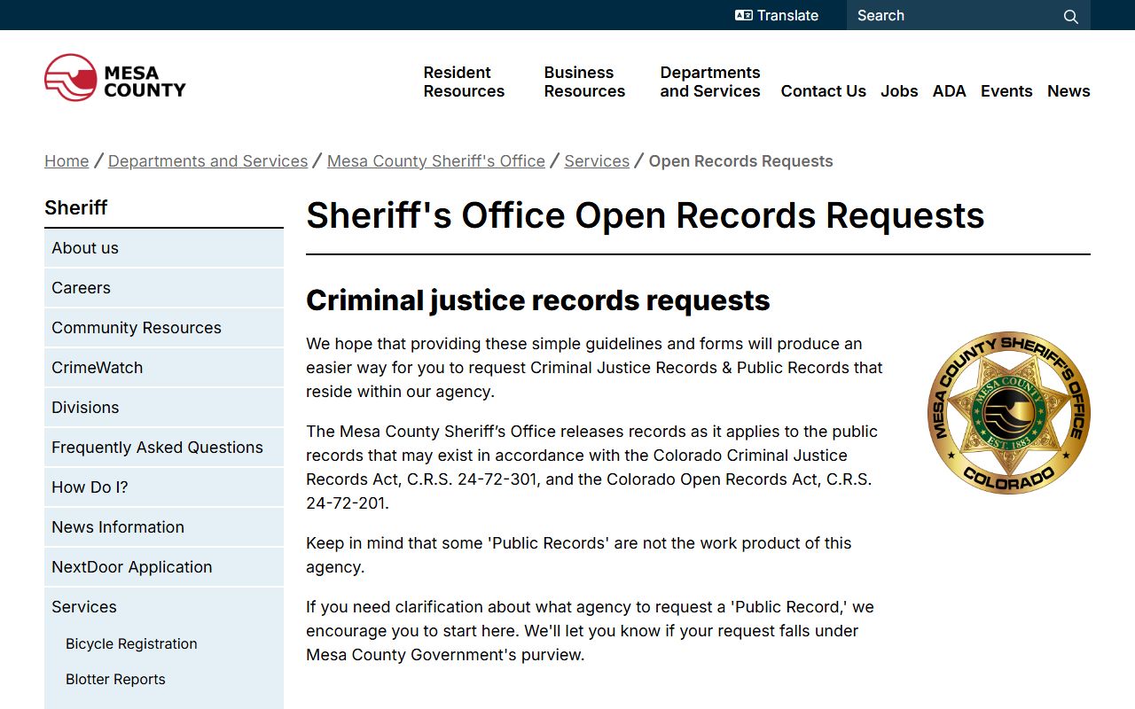 Mesa County inmate records open records request page