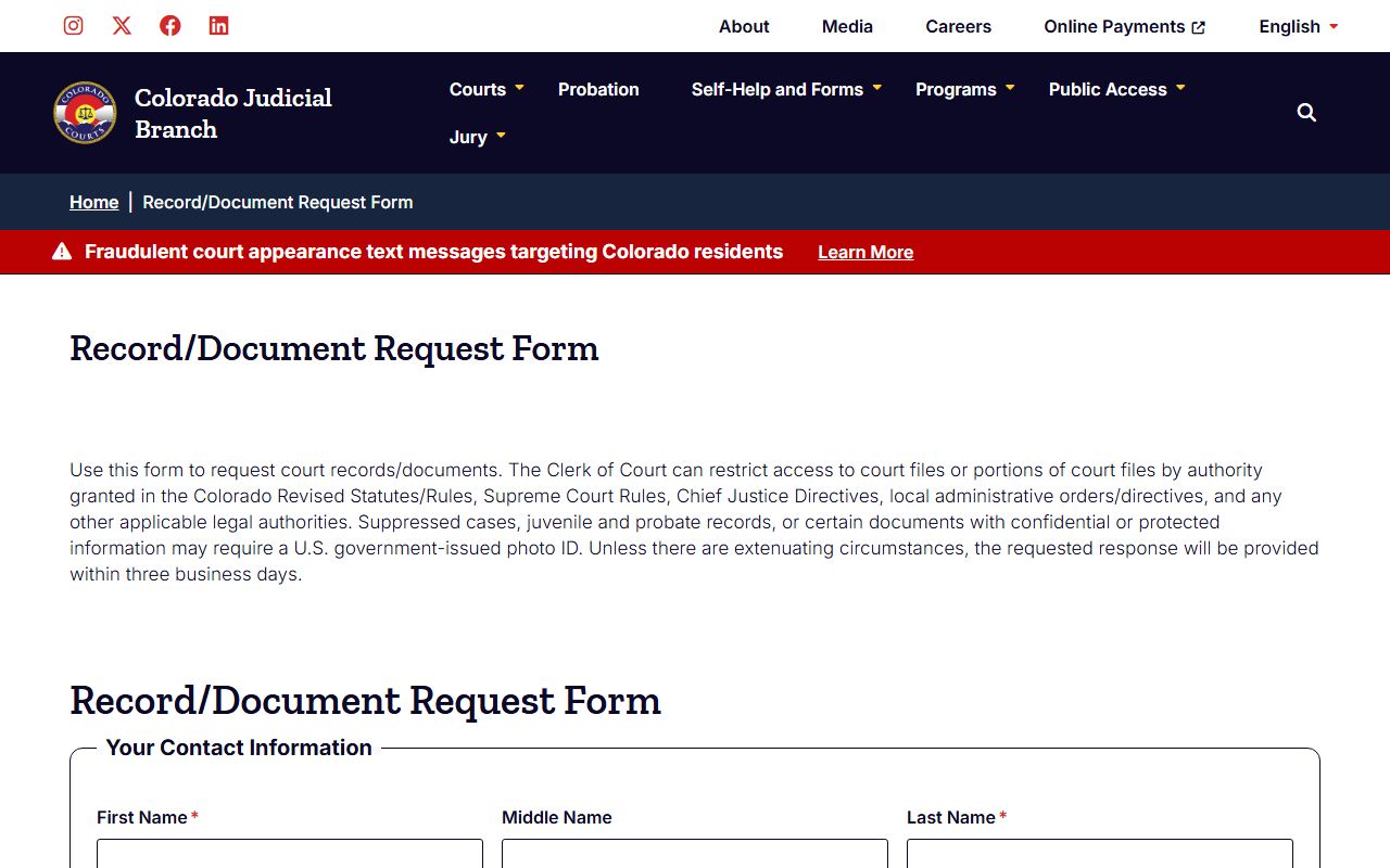 Colorado Judicial court record request form for Mesa County records